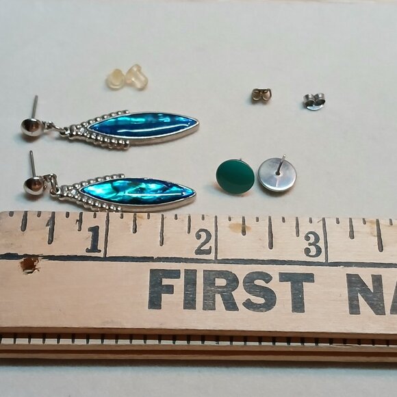 Two Pair Vintage Costume Silver Tone Faux BlueGreen Turquoise Stud Earrings #29W - Picture 3 of 11